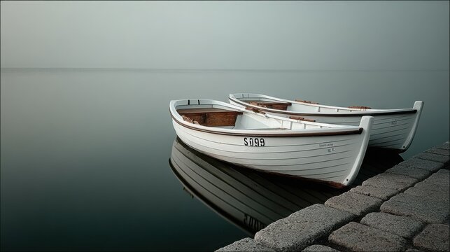 Three pristine white sailboats at rest on a tranquil lake - serene waterscape, peaceful morning, minimalist scene, European lake
