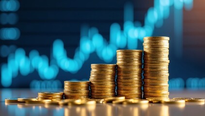 Stacks of gold coins with a financial chart in the background.