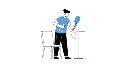 Fototapeta premium Illustration of a woman cleaning a house with a feather duster and spray bottle focused on domestic chores and cleanliness