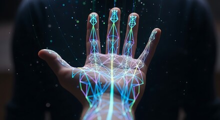 Human hand in futuristic polygonal mesh displaying digital connection