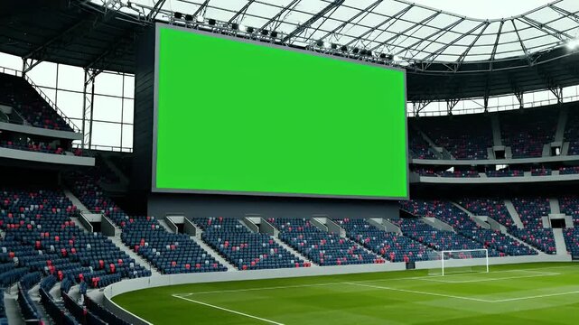 Modern sports stadium with large green screen jumbotron and empty seats, ready for custom content display