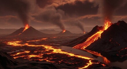 Hadean Eon Volcanic Landscape with Molten Lava and Primordial Earth Formation
