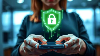 Woman using smartphone with digital security shield symbolizing protection in a modern office setting