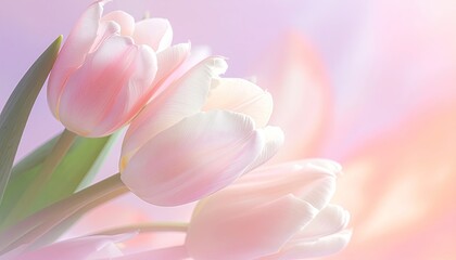 Fototapeta premium Soft Pink Tulips with Delicate White Hues in a Blurred Light Background Highlighting Floral Serenity