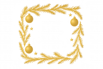Golden christmas spruce branches creating a festive square frame with baubles and stars on transparent background