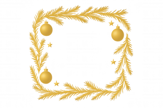 Golden christmas spruce branches creating a festive square frame with baubles and stars on transparent background