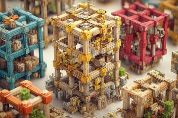 Complex wooden structures, interconnected cubes, geometric