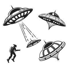 Alien abduction scene with UF Os and a running figure