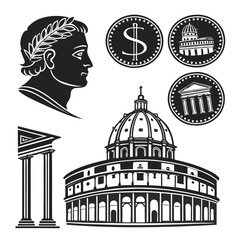 Ancient Roman Architecture And Coinage Icons currency