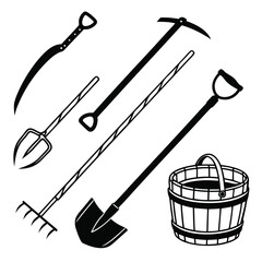 Assorted Garden Tools and Basket Black and White Keywords: garden tools, farming equipment