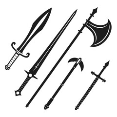Assorted Medieval Weapon Silhouettes On White Background Keywords: medieval weapons, weapon