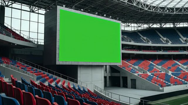 Empty modern stadium with large green screen scoreboard. Sports arena with chroma key display and vacant seats, ready for event content.