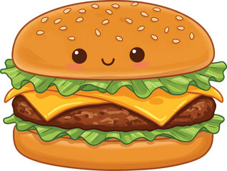 Vector Illustration Cute Cheeseburger with Smiling Face and Sesame Seeds