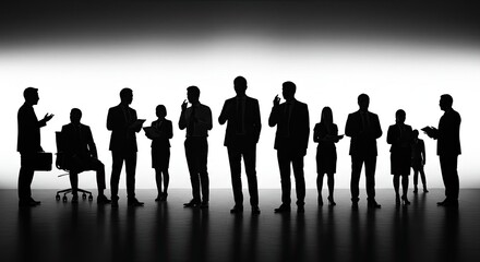 Silhouetted business people standing in a row, some holding tablets.