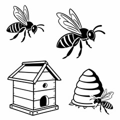Black and White Icons of Bees and Beehives insect honeycomb