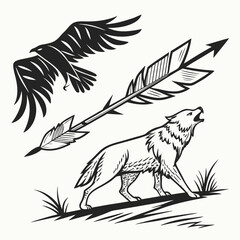 Black and white illustration of a howling wolf, eagle and arrow