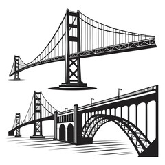 Black Silhouette Bridges Collection on White Background