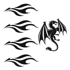 Black Silhouette Dragon with Flame Graphics on White Background
