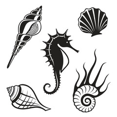 Black Silhouette Collection of Marine Life and Shells