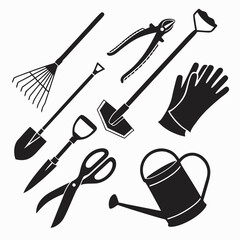 Black Silhouette Gardening Tools Collection rake shovel