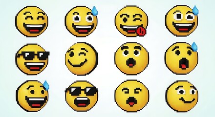 Pixelated emoticons group expressing diverse feelings and quirky expressions