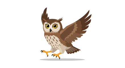 Naklejka premium Animated owl cartoon with striking feathers is poised mid air about to land gracefully in a delightful vector graphic illustration