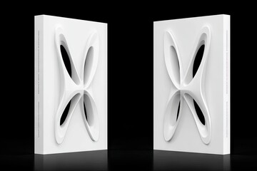 Two symmetrical, white, three-dimensional panels, featuring organic, flower-like patterns with cutout shapes, stand on a dark reflective surface