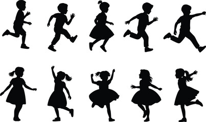 Children silhouettes running and playing, active kids in motion, playful boys and girls vector illustration, childhood activity design for education