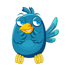Charming and mischievous blue bird cartoon with a sly, knowing expression, a fun character concept