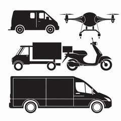 Delivery Vehicles and Drone Silhouettes truck scooter