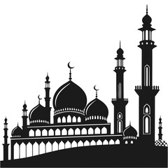 Detailed Black Silhouette of a Large Islamic Mosque