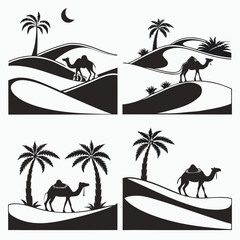 Desert scenes silhouettes with camels palm trees and moon