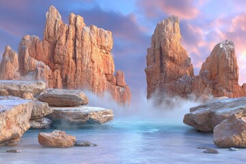 Sunrise over icy, rocky shore