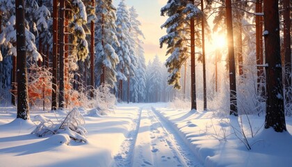 Snow Covered Trees Under Golden Sunlight with Winter Wonderland Scenery and Blue Sky in Background at Forest during Daytime