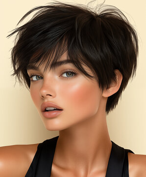 Female model with short hair, layered straight black hair in a modern pixie cut, elegant side profile, this fashion-inspired image highlights elegance, beauty and modern hairstyle.