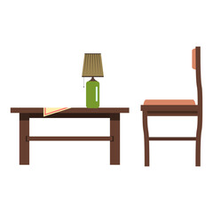 Classic wooden living room furniture set with coffee table, chair, and lamp