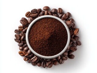 Naklejka premium Ground coffee surrounded by roasted coffee beans in a metallic bowl