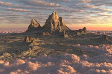Majestic mountain peak above a sea of clouds at sunset