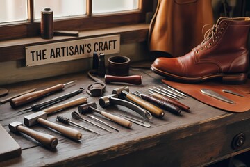 A craftsman's workbench displaying leather boot and various tools for crafting work