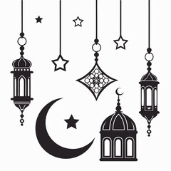 Islamic Crescent Moon Lanterns and Mosque Dome Silhouette
