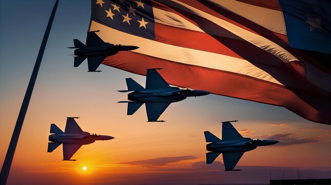 a dramatic image of three fighter jets silhouetted with the American flag