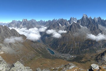 Alpine valley panorama with high peaks and clouds
