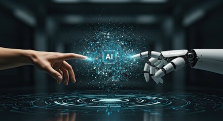Human and robot hands connecting through a glowing artificial intelligence interface, symbolizing the future of technology.