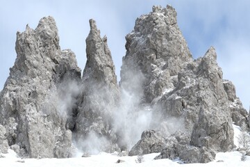 Snow-covered rocky peaks in a winter landscape