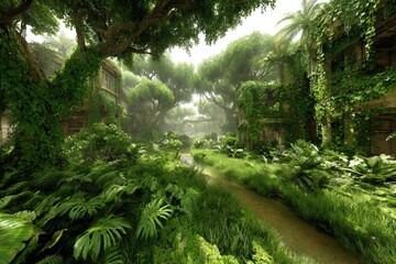 Obraz premium Lush overgrown ruins by a waterway