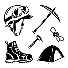 Mountaineering and Camping Gear Icons Black Silhouette