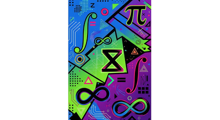 Vibrant abstract illustration featuring mathematical symbols like pi, integral, and infinity amidst geometric patterns.
