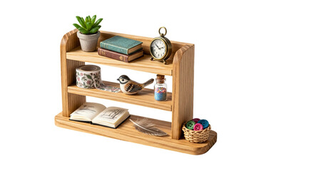 A small wooden three-tiered shelf displaying miniature decorative items like books, a clock, a plant, and a bird figurine on a white background.