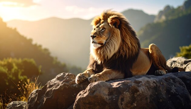 Majestic lion on mountaintop at sunrise