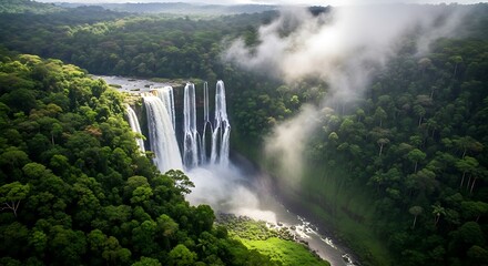 Drone Shot of Waterfall Surrounded by Jungle